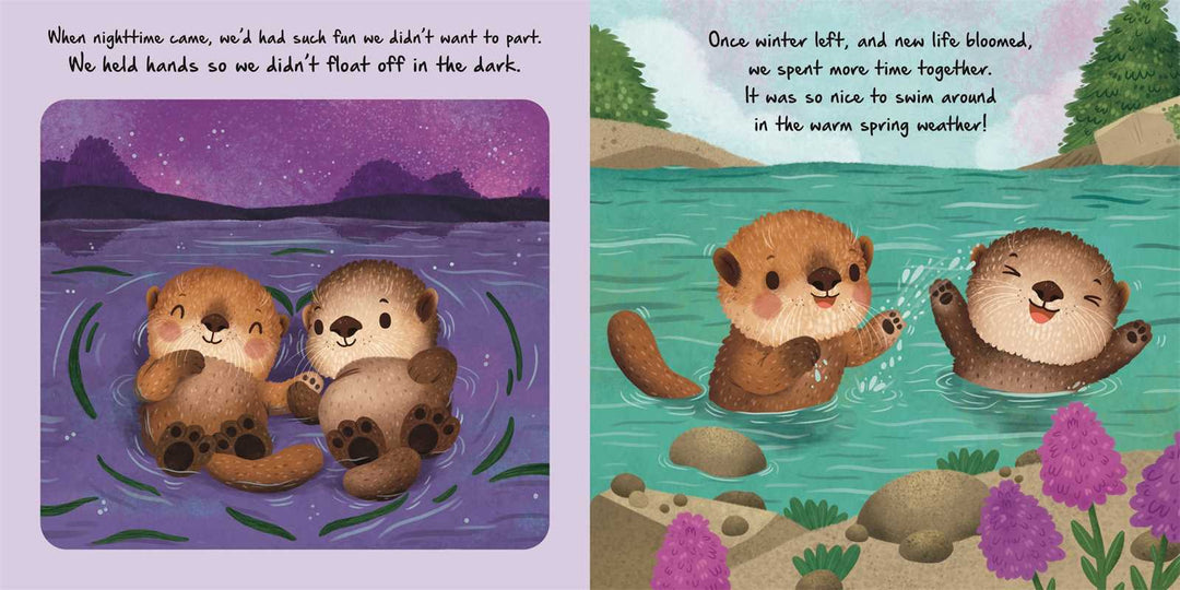 Two young otters swim side by side in this Nature Stories: Little Otter board book spread, Simon & Schuster