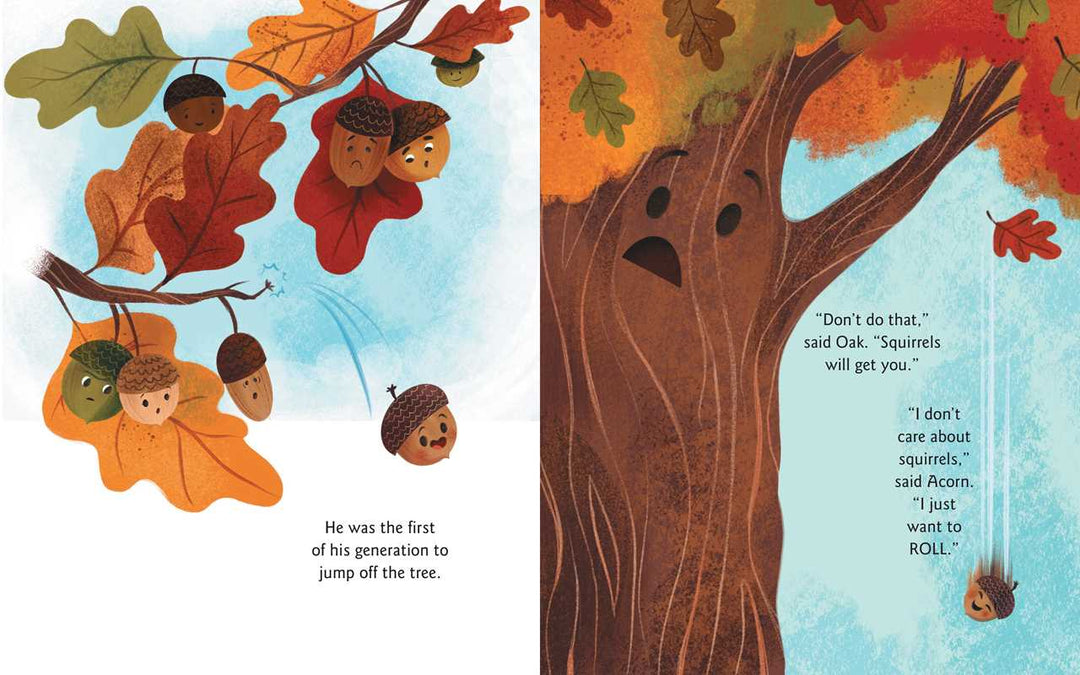 Falling autumn leaves and an oak tree illustration from the Acorn Was a Little Wild hardcover, Simon & Schuster