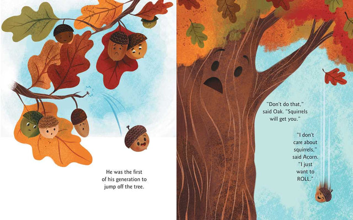 Falling autumn leaves and an oak tree illustration from the Acorn Was a Little Wild hardcover, Simon & Schuster