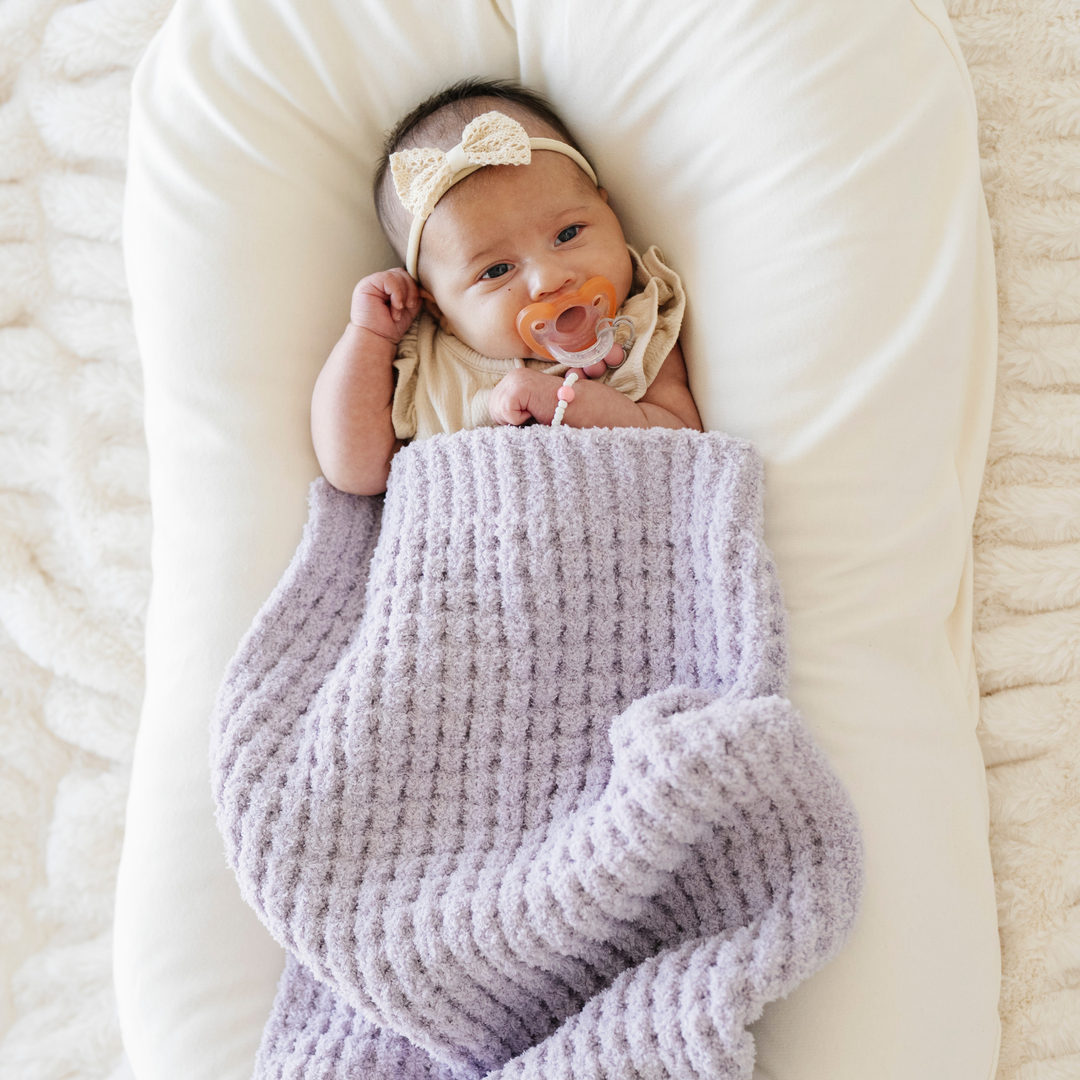 Parents seeking elevated minimal texture choose the Saranoni Waffle Knit Mini Blanket in Wisteria for the Best baby blanket feel.