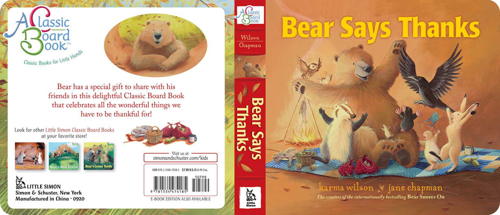Simon & Schuster Bear Says Thanks board book back cover and spine, a classic kids book for storytime