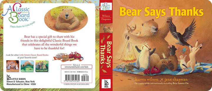 Simon & Schuster Bear Says Thanks board book back cover and spine, a classic kids book for storytime