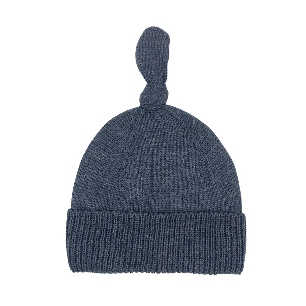 ALIAP Merino Wool Top Knot Baby Beanie in Graphite, dark charcoal infant winter hat with a fold over brim