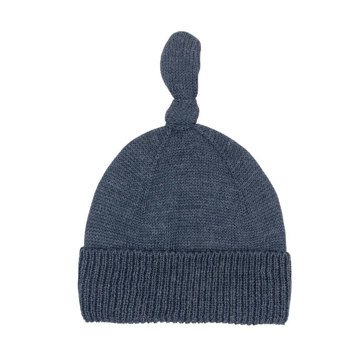 ALIAP Merino Wool Top Knot Baby Beanie in Graphite, dark charcoal infant winter hat with a fold over brim