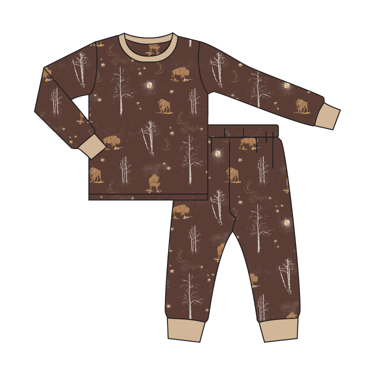 Bamboo viscose baby zip pajamas in Winter Bison print from Mady & Max