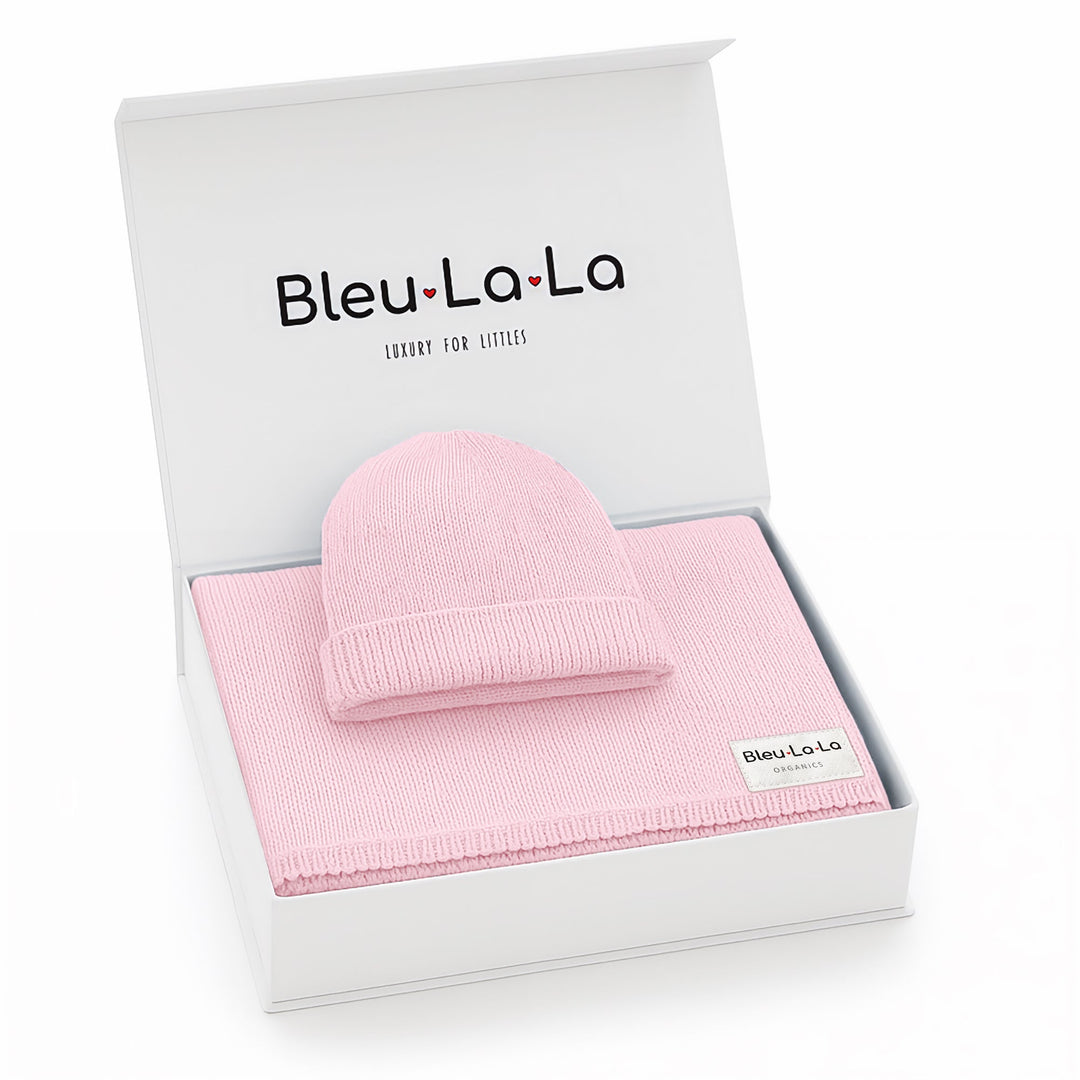 Bleu La La pink organic cotton knit baby blanket and hat set boxed, premium baby gift