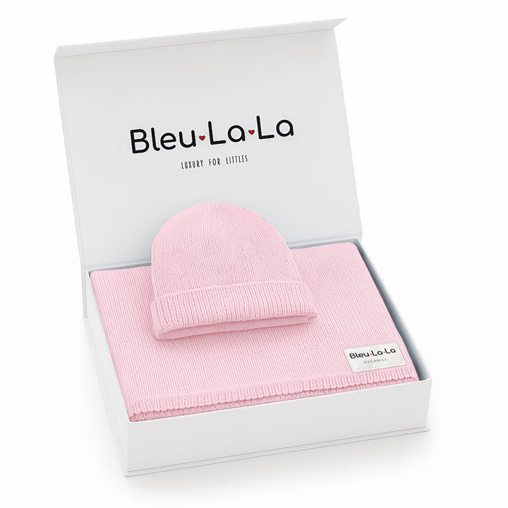 Bleu La La pink organic cotton knit baby blanket and hat set boxed, premium baby gift