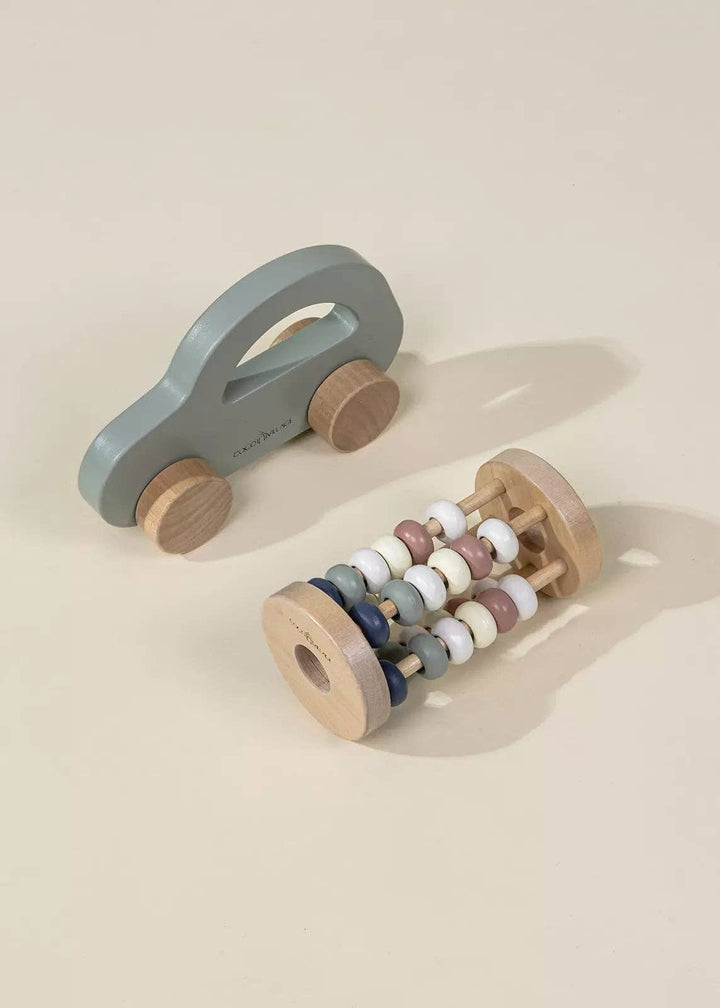 Coco Village Wooden Baby Toy Gifting Set – abacus and push car together on white background, natural wood educational toys for babies 12 months and up