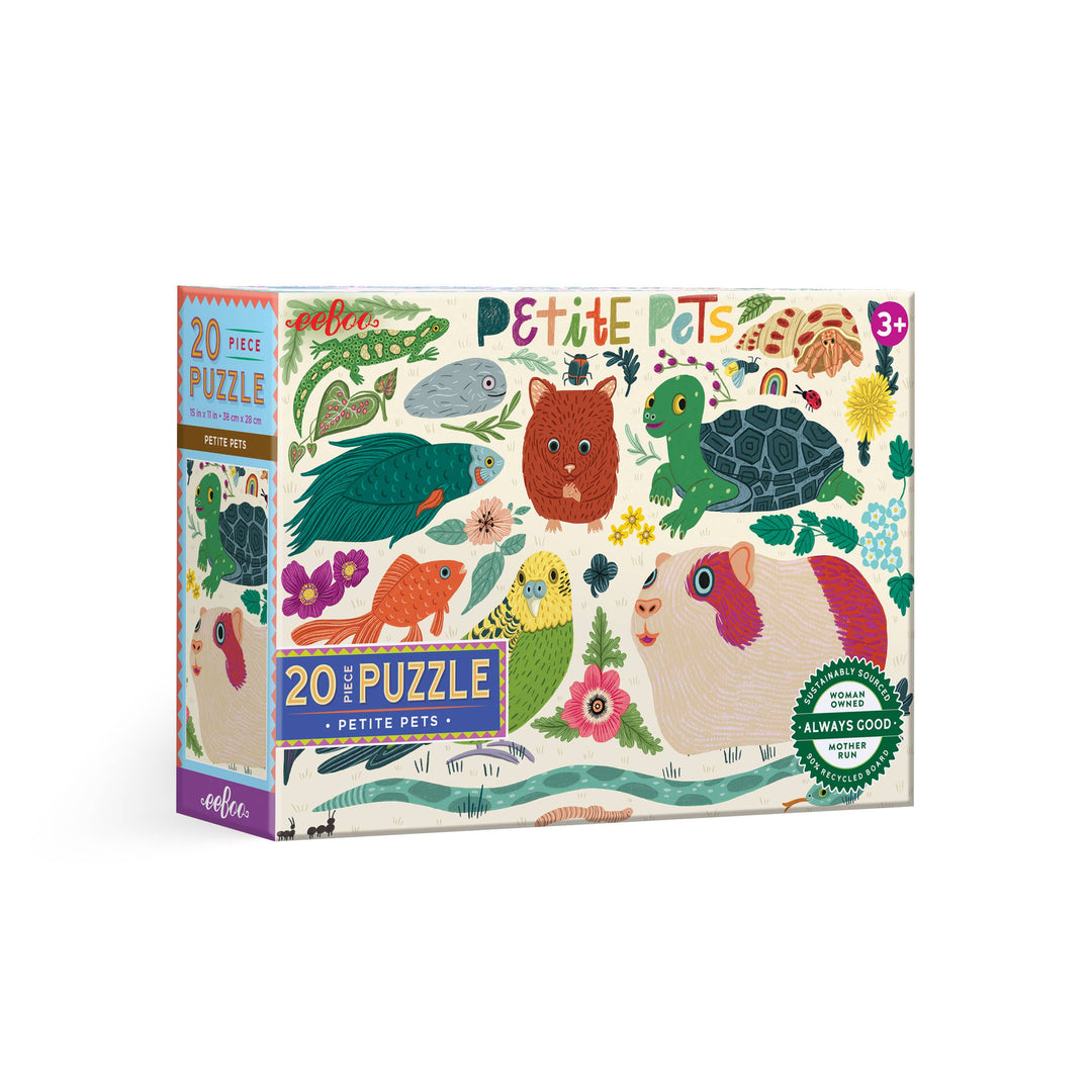 eeBoo Petite Pets 20 Piece Puzzle box cover featuring Lydia Graves illustration of small animals