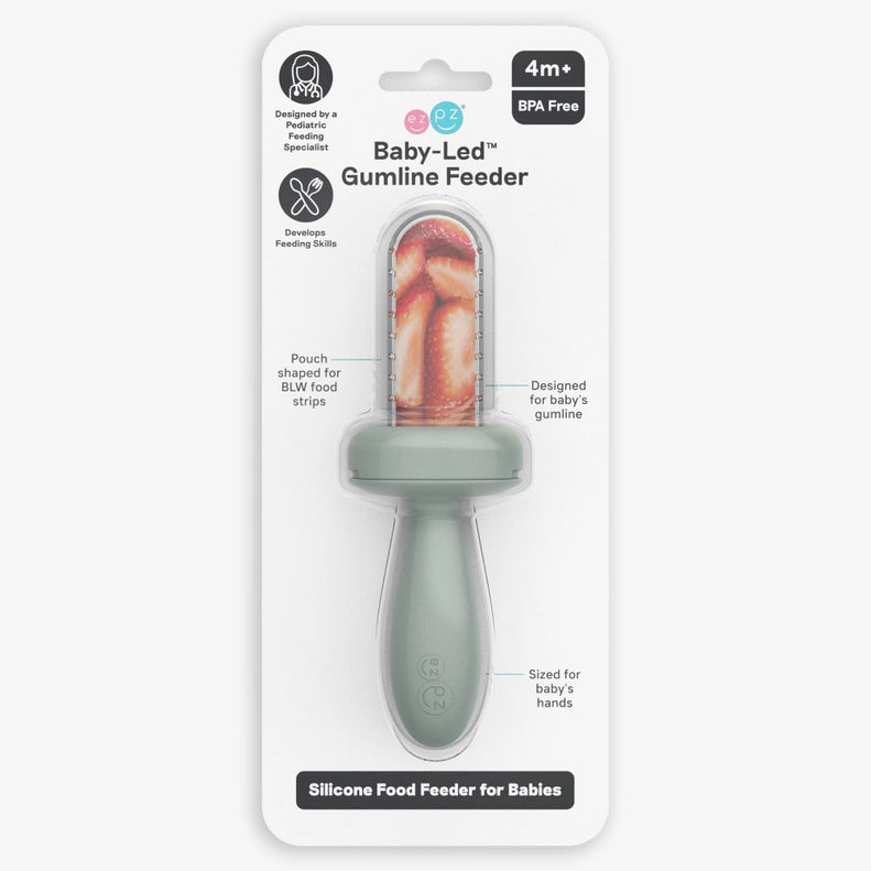 EZPZ Baby-Ledª Gumline Feeder in Sage packaged, part of a practical silicone baby feeding set for infants learning to eat