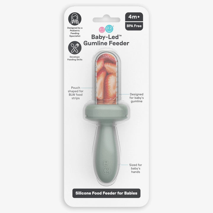 EZPZ Baby-Ledª Gumline Feeder in Sage packaged, part of a practical silicone baby feeding set for infants learning to eat