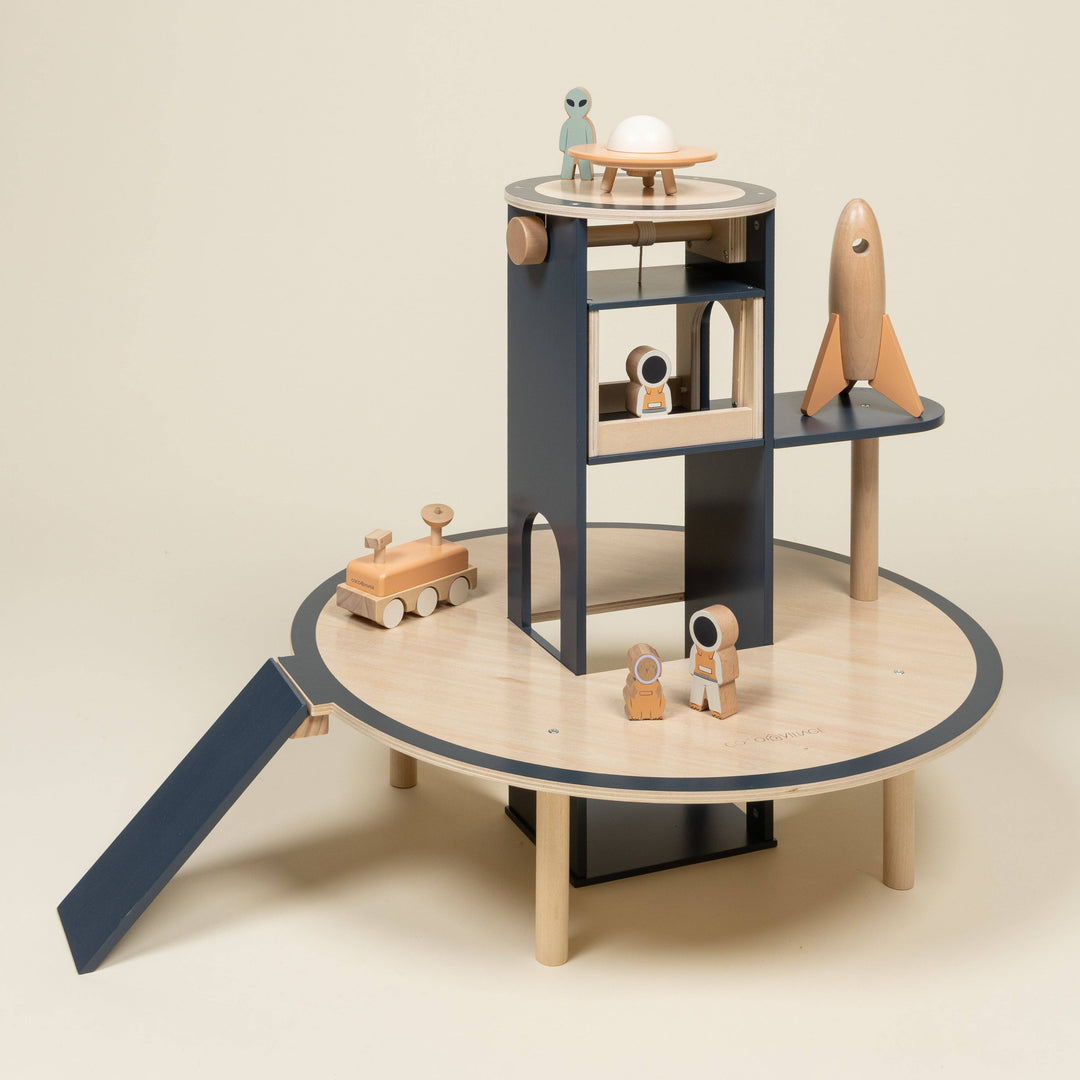 Coco Village Oversized Wooden Space Station Playset with rocket, rover, and astronaut figures