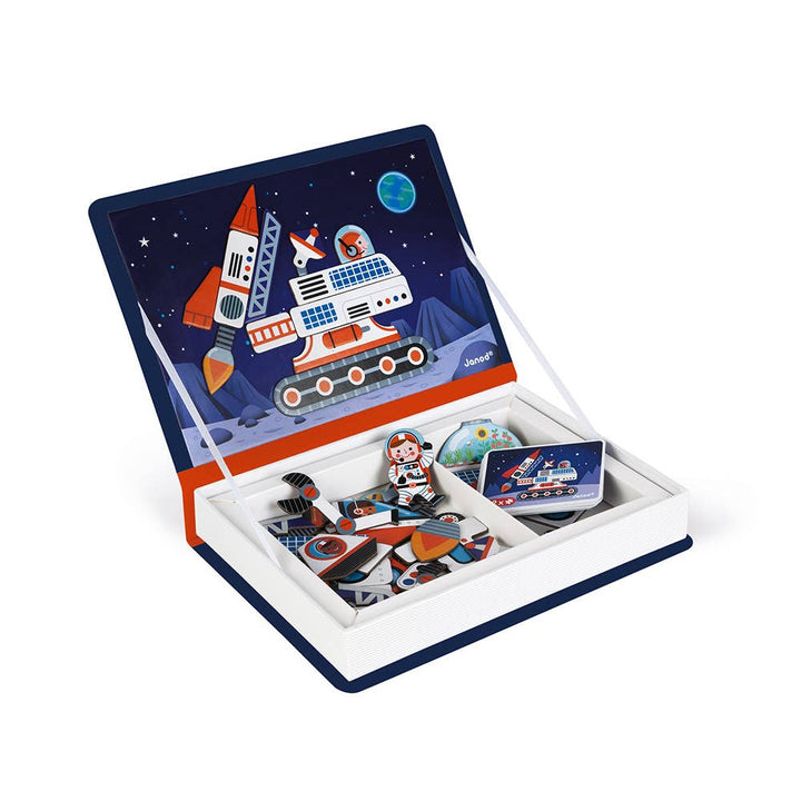Magnet toys for kids space scene from Janod's Magneti'book Cosmos with rocket and astronaut magnets