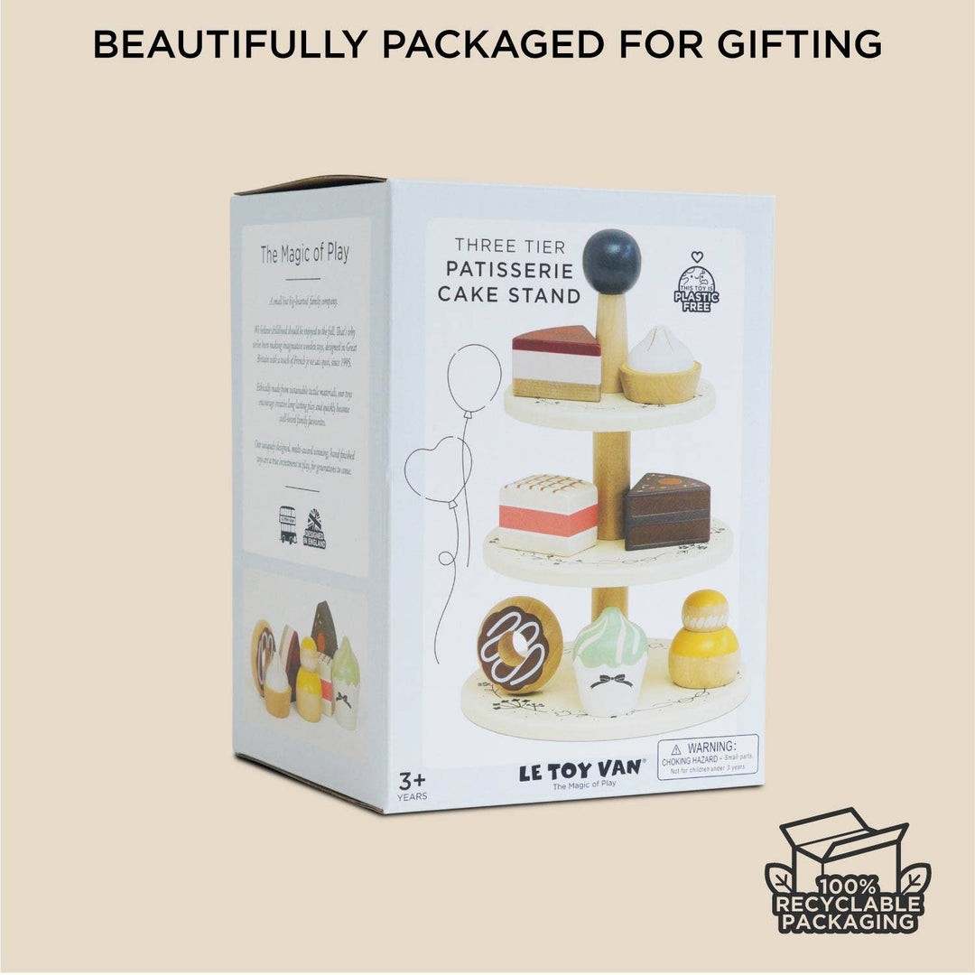 Le Toy Van Wooden Toy Cake Stand & Selection of 7 Eco-Friendly Treats, a wood toy bringing fun and learning together