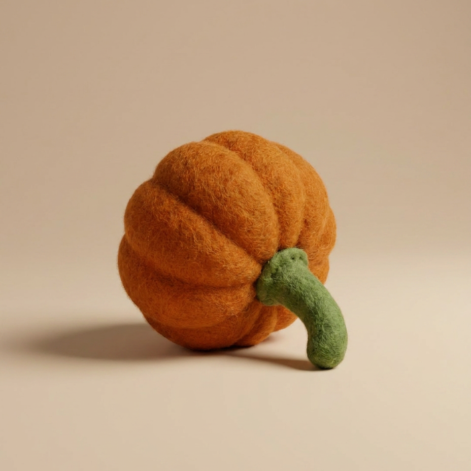 Handcrafted Kaddu Felt Pumpkin showing wool texture, ideal Montessori kitchen toy