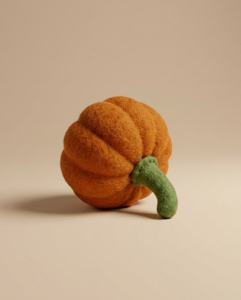 Handcrafted Kaddu Felt Pumpkin showing wool texture, ideal Montessori kitchen toy