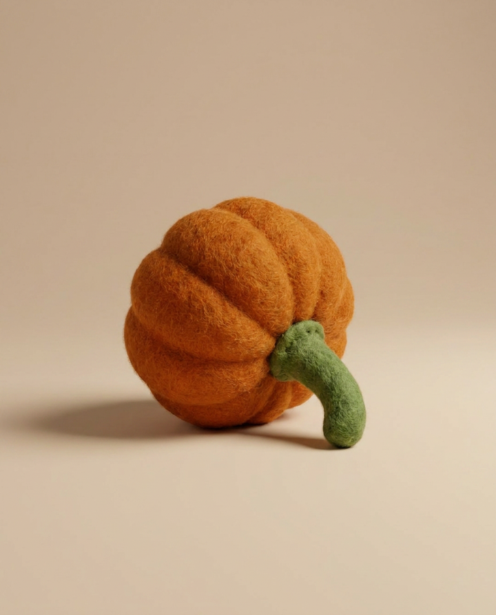 Handcrafted Kaddu Felt Pumpkin showing wool texture, ideal Montessori kitchen toy
