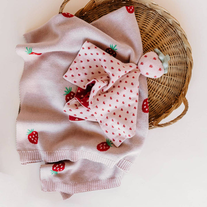 Shop baby blankets online from Viverano Organics, Strawberry Organic Cotton Jacquard Baby Blanket cozy and soft