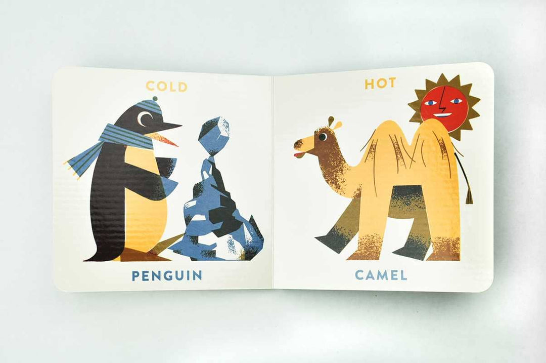 Retro animal art spread from Babylink Animal Opposites by Marcos Farina toddler book