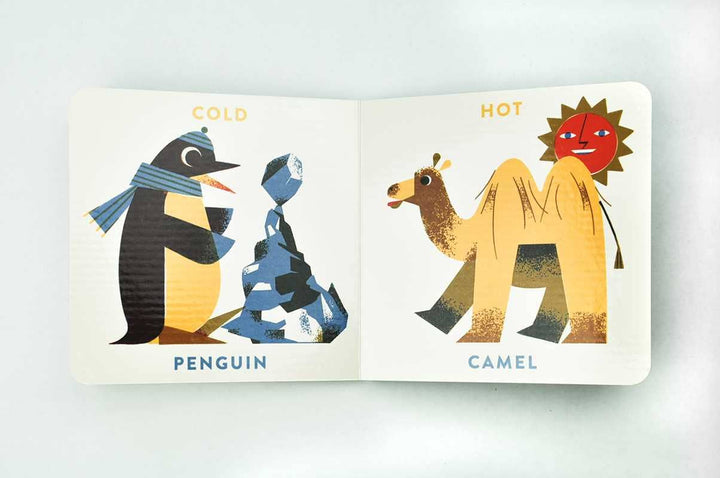 Retro animal art spread from Babylink Animal Opposites by Marcos Farina toddler book
