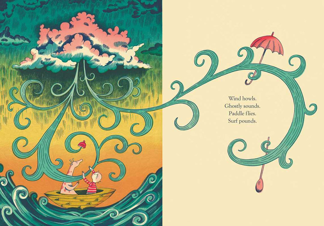 Simon & Schuster Yellow Kayak hardcover spread with island waves and a sun umbrella