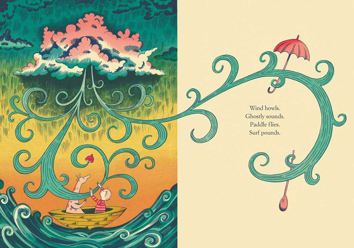 Simon & Schuster Yellow Kayak hardcover spread with island waves and a sun umbrella