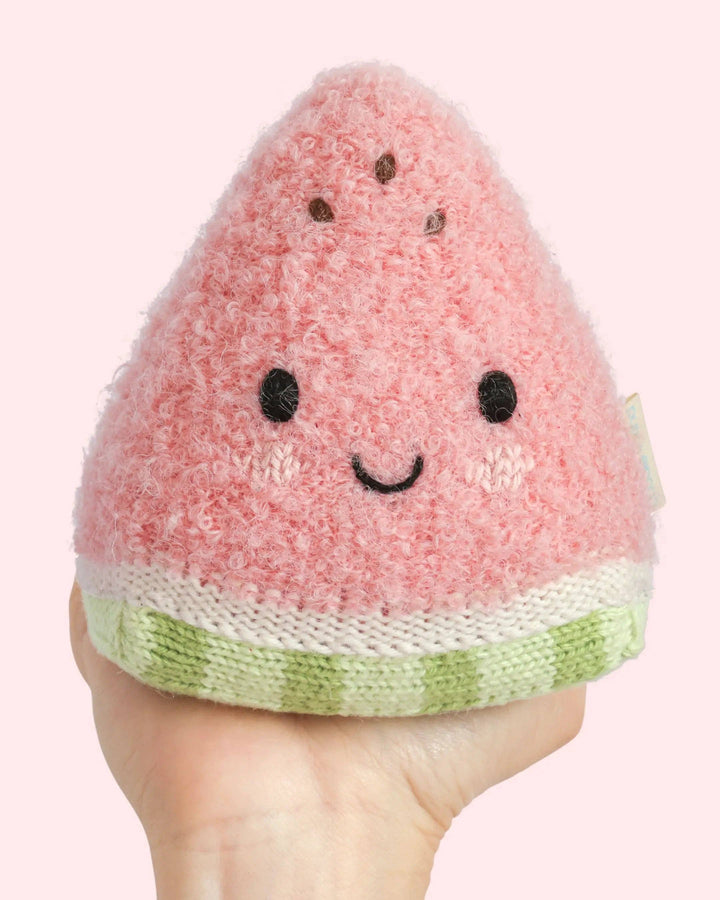 Hand-knit watermelon plush toy: Cuddle + Kind Baby Watermelon, a soft heirloom baby gift