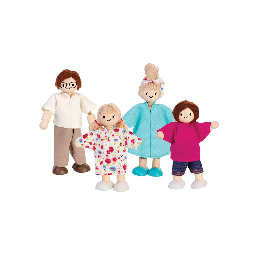 PlanToys Doll Family Light Skin Tone Brown Hair – set of four wooden family dolls with light skin and brown hair for dollhouse play