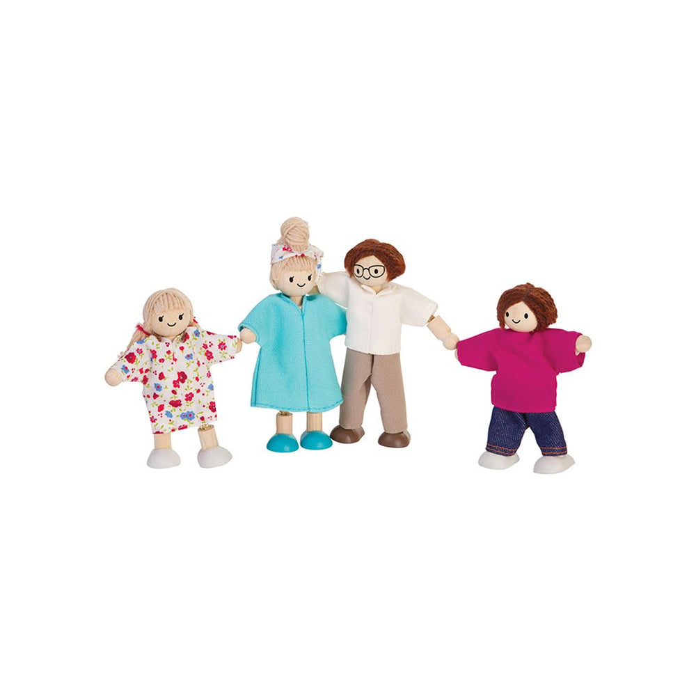 PlanToys Doll Family Light Skin Brown Hair detail – hand-painted wooden doll family close-up showing facial expressions