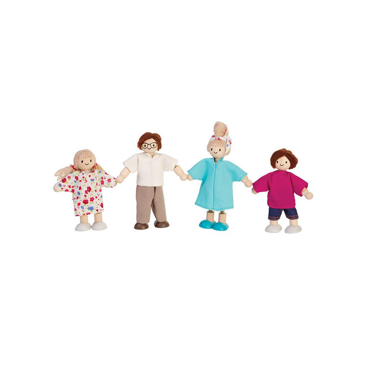 PlanToys Doll Family Light Skin Brown Hair in packaging – four-piece wooden family doll set in display box
