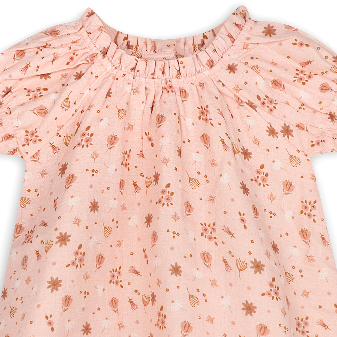 Viverano Organics Pink Floral Baby Dress + Bloomer, charming and soft baby clothes for girls in organic cotton.