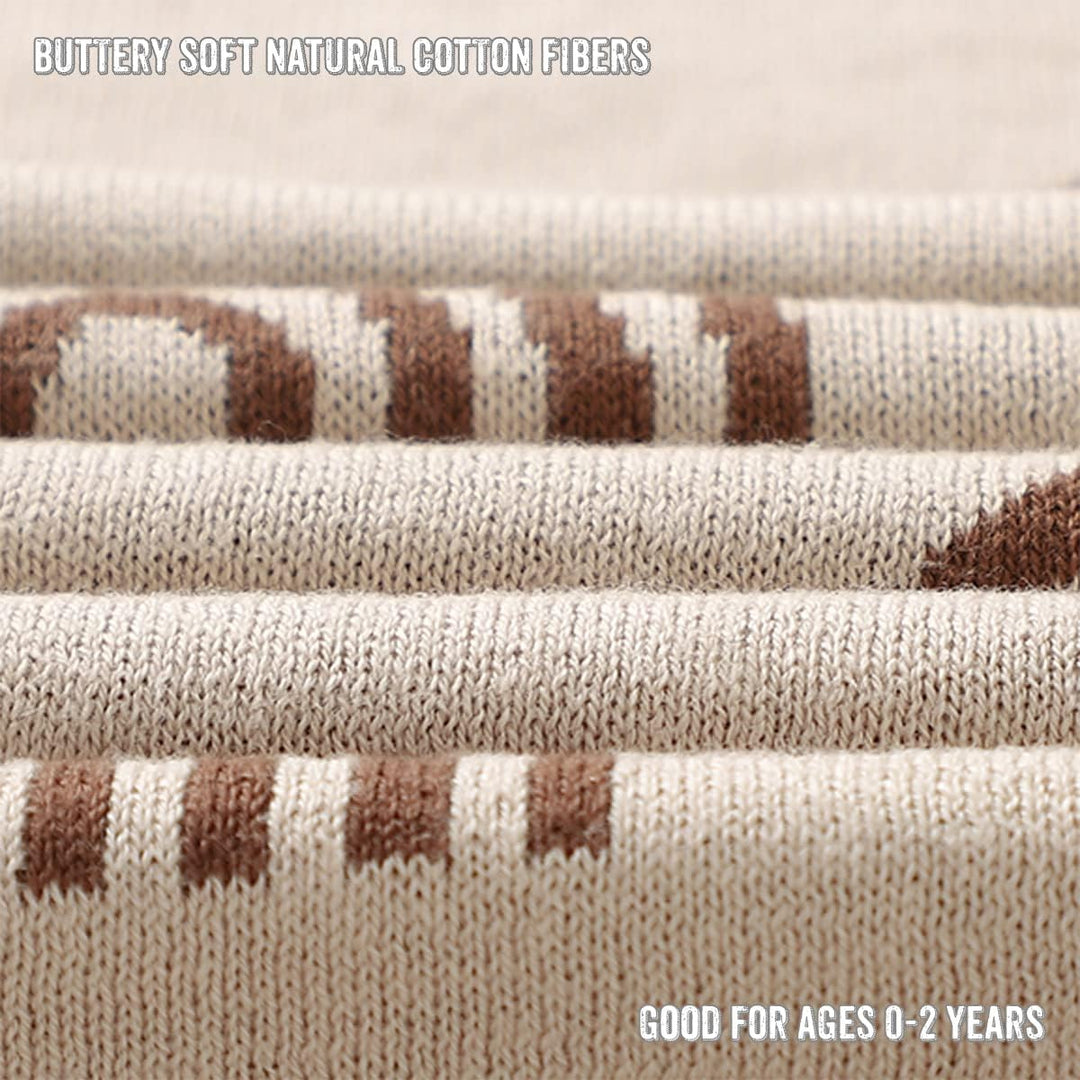 Closeup of the folded Bleu La La Rainbow Blanket in Taupe, advertising soft cotton and age ranges from newborn to two years old.