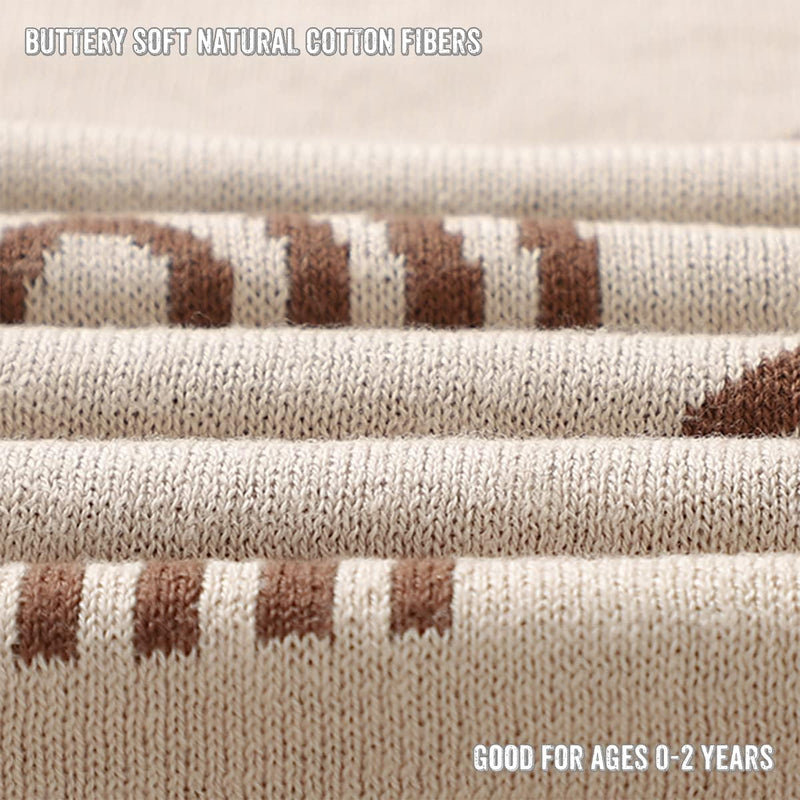 Closeup of the folded Bleu La La Rainbow Blanket in Taupe, advertising soft cotton and age ranges from newborn to two years old.