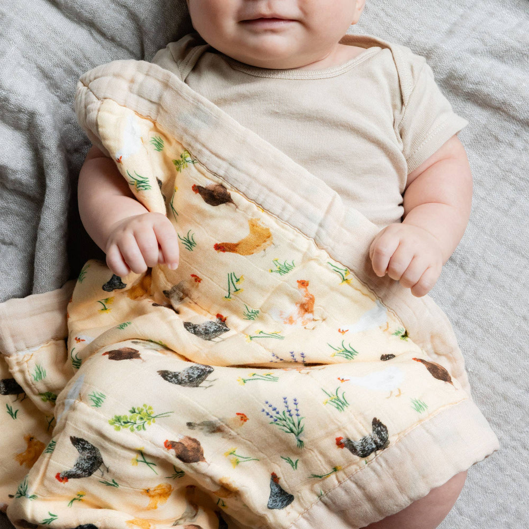 1canoe2 Chicken Meadows muslin baby blanket wrapped around baby, soft farmhouse print lovey for newborn swaddling