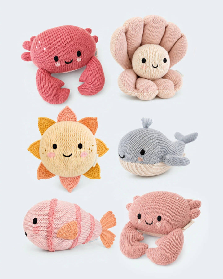 Crab stuffed animal for little hands, Cuddle + Kind Baby Crab in Blush, handmade in Peru and Nepal