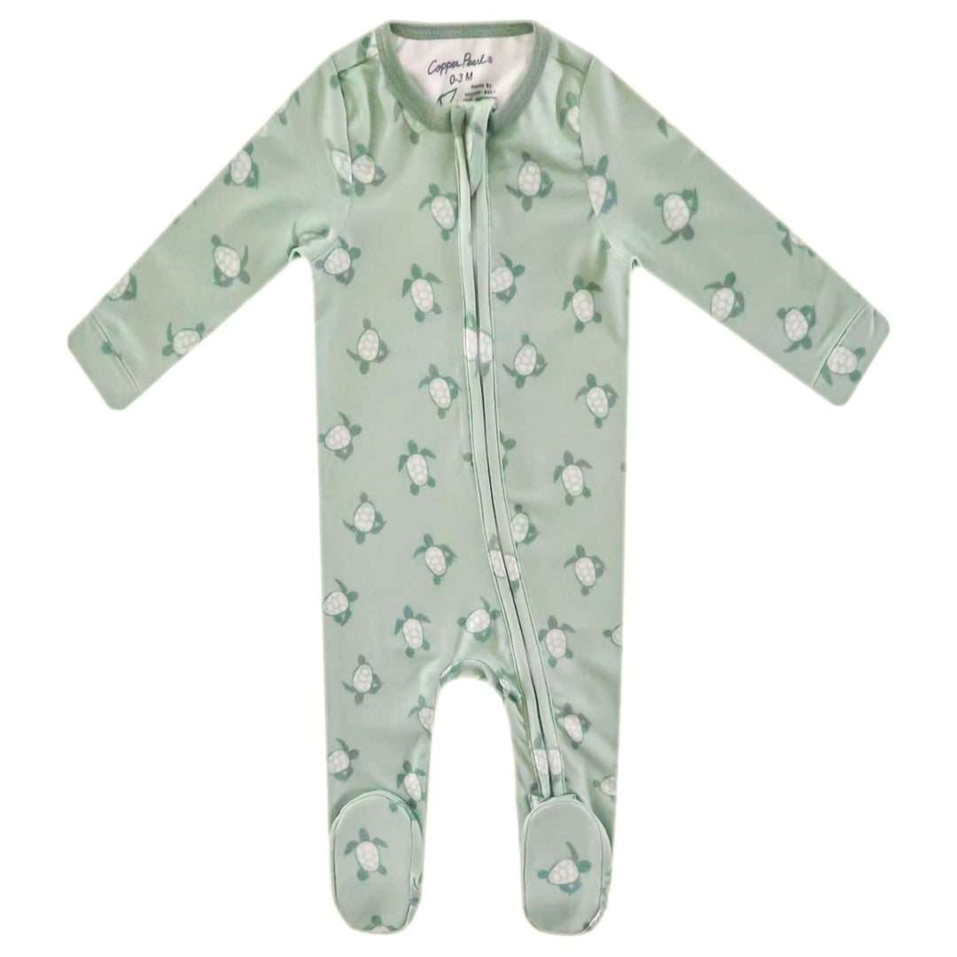Copper Pearl Wade baby footie pajama flat lay, zip-up sleeper with footed design for warmth and easy dressing