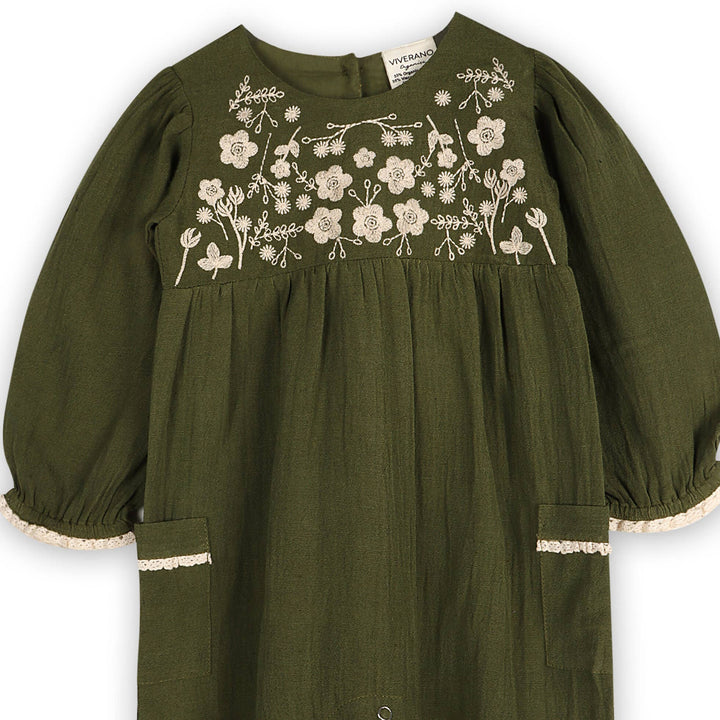 Close up of the Viverano Organics Jumpsuit in Olive Green