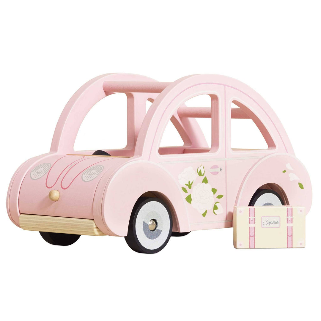 Pink wooden car with floral artwork and a cream suitcase, Le Toy Van Sophie's Dolls House Toy Car for imaginative play
