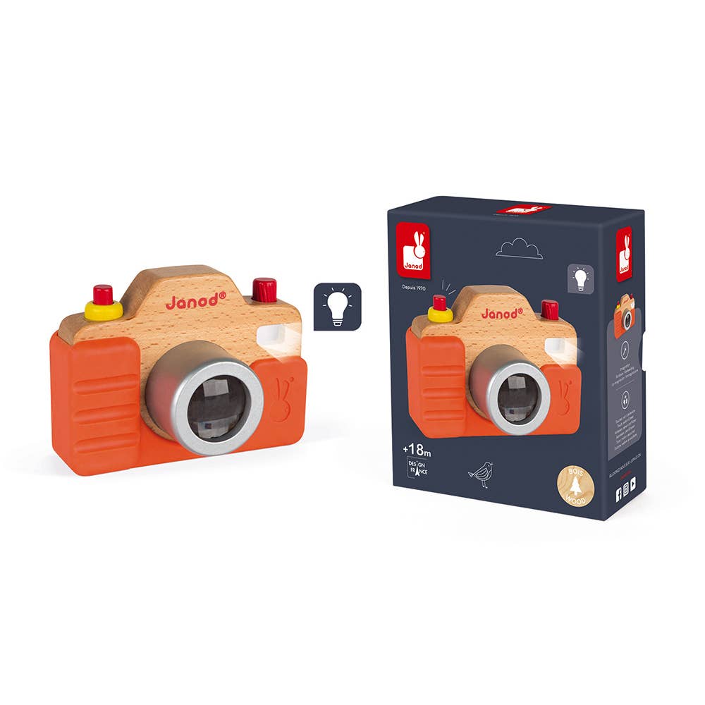 janod wooden toy camera pretend play for kids alongside packaging