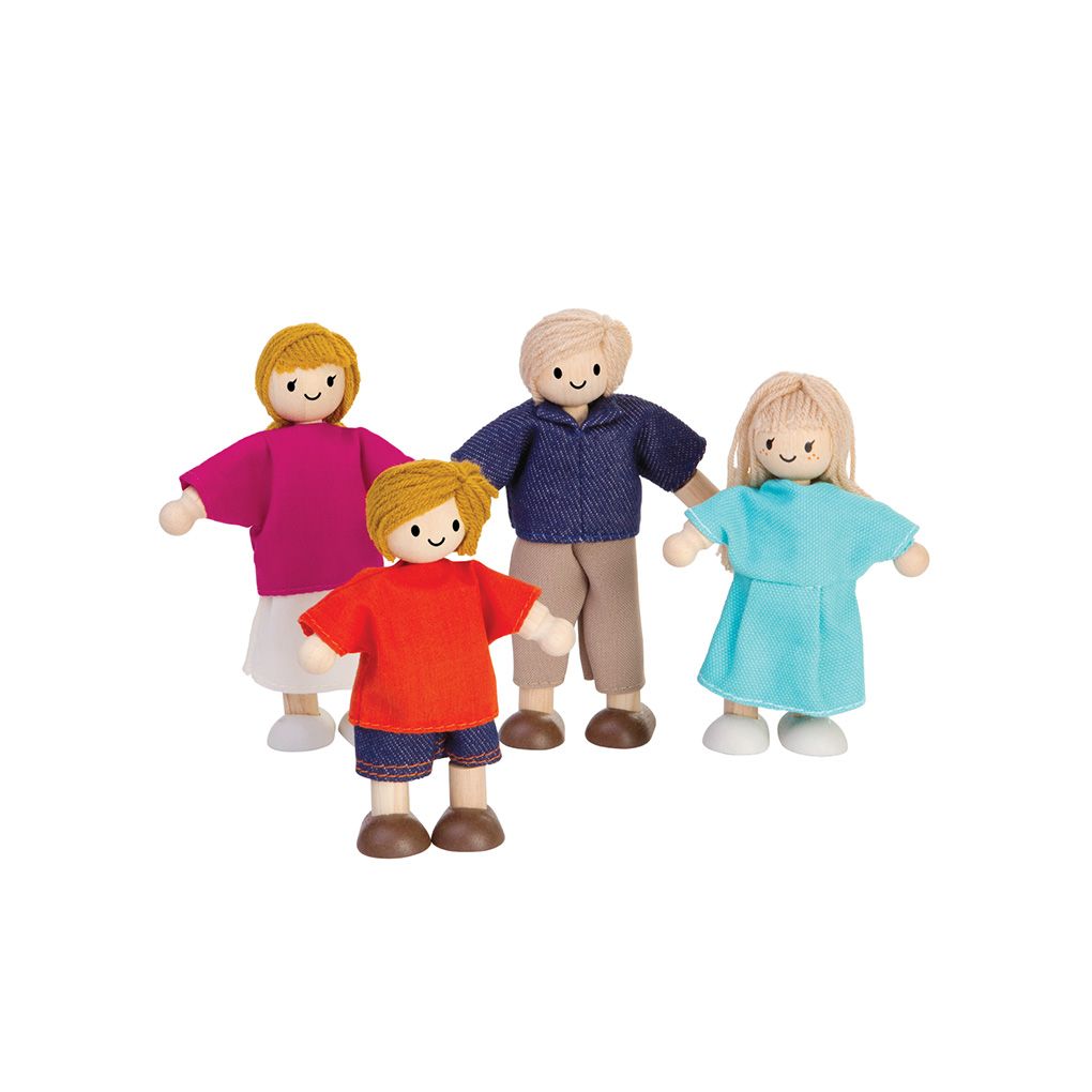 PlanToys Doll Family Light Skin Tone Blonde Hair – four-piece wooden family doll set with light skin and blonde hair