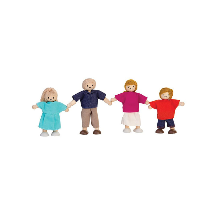 PlanToys Doll Family Light Skin Blonde Hair in packaging – sustainable rubber wood family doll set in gift packaging