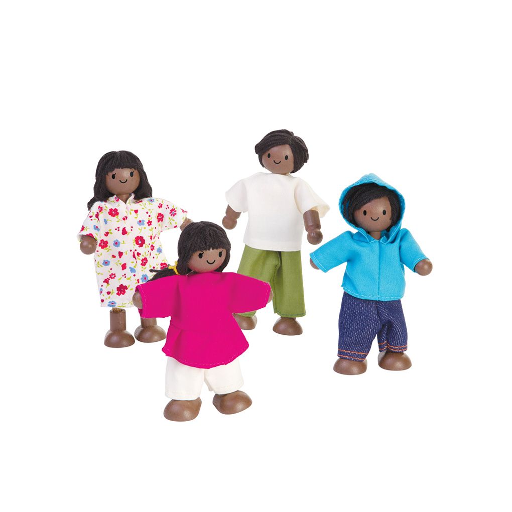 PlanToys Doll Family Dark Skin Tone – set of four wooden family dolls with dark skin tones for inclusive dollhouse play