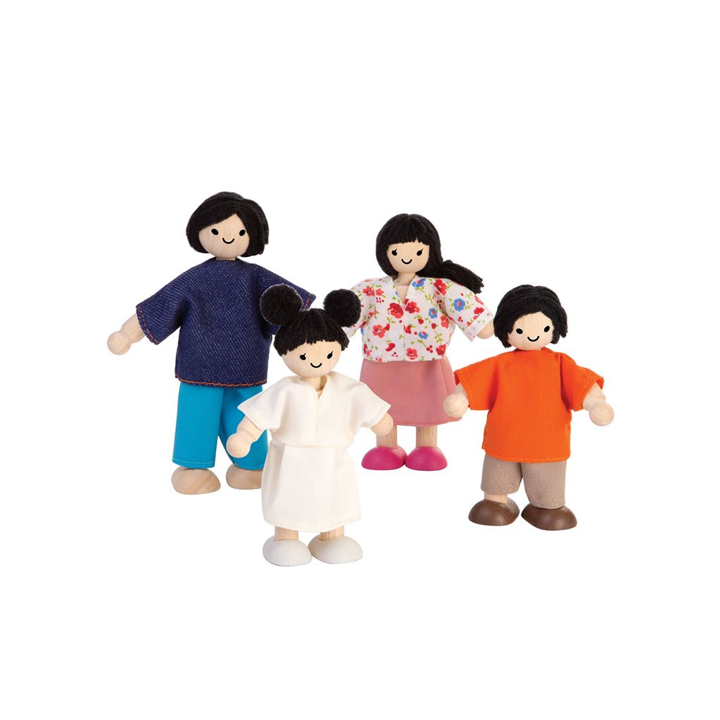 PlanToys Doll Family Fair Skin Tone – set of four wooden family dolls with fair skin for dollhouse and imaginative play
