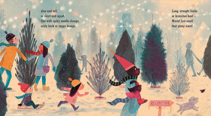 Families browsing rows of pines at a snowy tree farm in Pick A Pine Tree, Penguin Random House rhyming book for the holidays