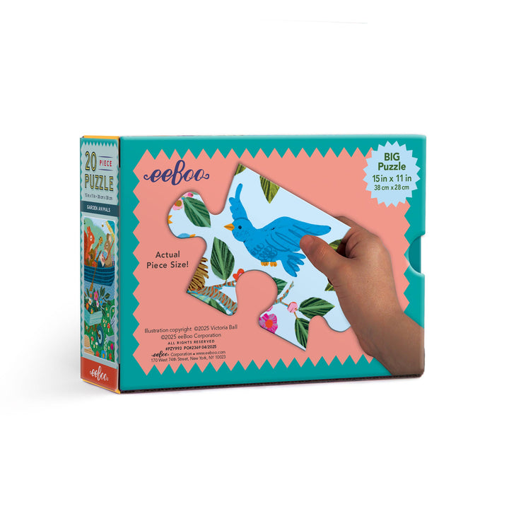 eeBoo Garden Animals puzzle completed showing 15x11 inch colorful garden scene with animals