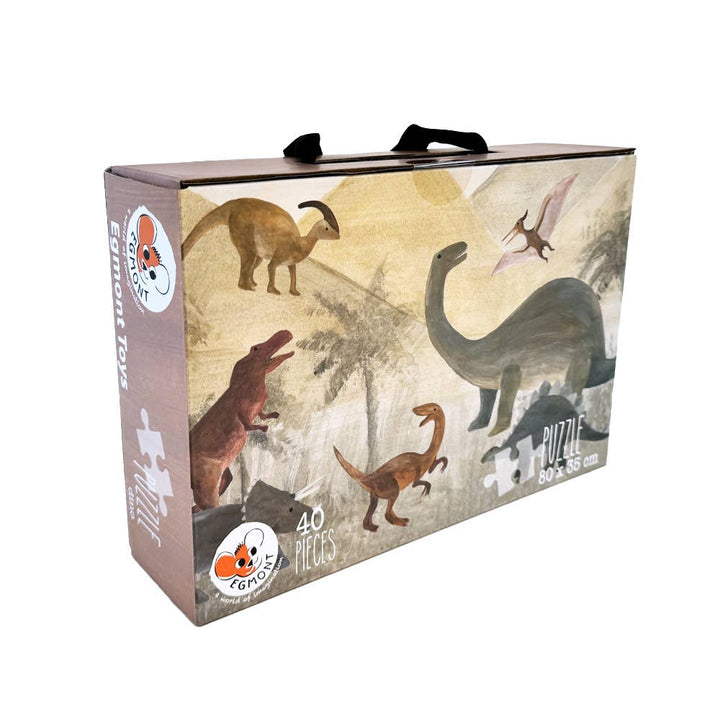 Angled view of Egmont's Dino Floor Puzzle bag highlights the carry handle and prehistoric artwork