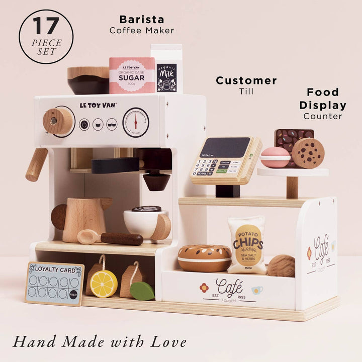 A charming Le Toy Van Barista CafŽ Shop wood toys playset inspires kids to serve pretend coffee and treats