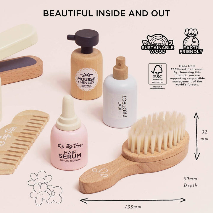 Perfect for pretend salons, this Le Toy Van Hair Care & Straighteners Set is a wood toy for children.