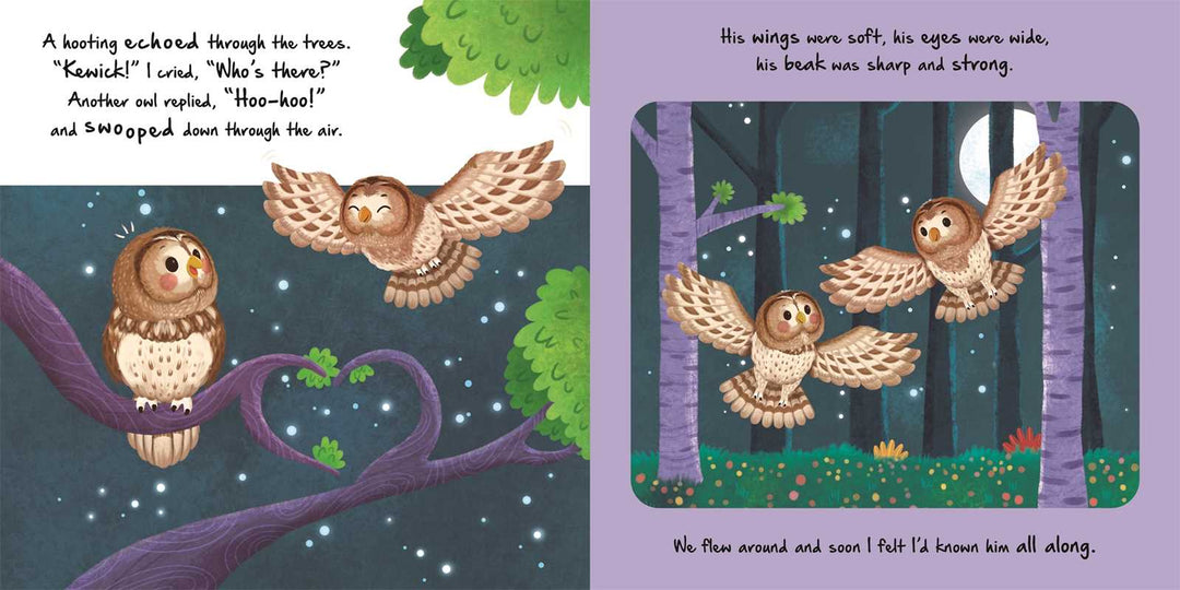 Owls soar through a purple forest in this Nature Stories: Little Owl board book page, Simon & Schuster