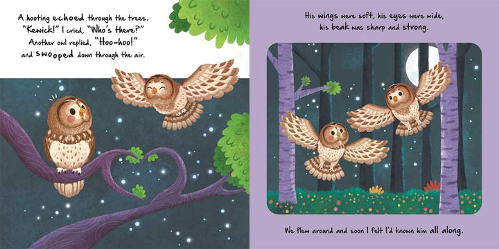 Owls soar through a purple forest in this Nature Stories: Little Owl board book page, Simon & Schuster